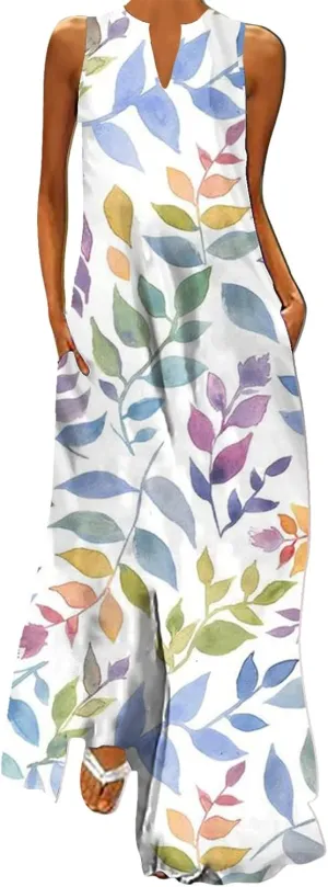 Women's Sexy Bodycon Tank Dress Boho Floral Printed Basic Sleeveless Maxi Dresses V Neck Party Club Beach Sundresses
