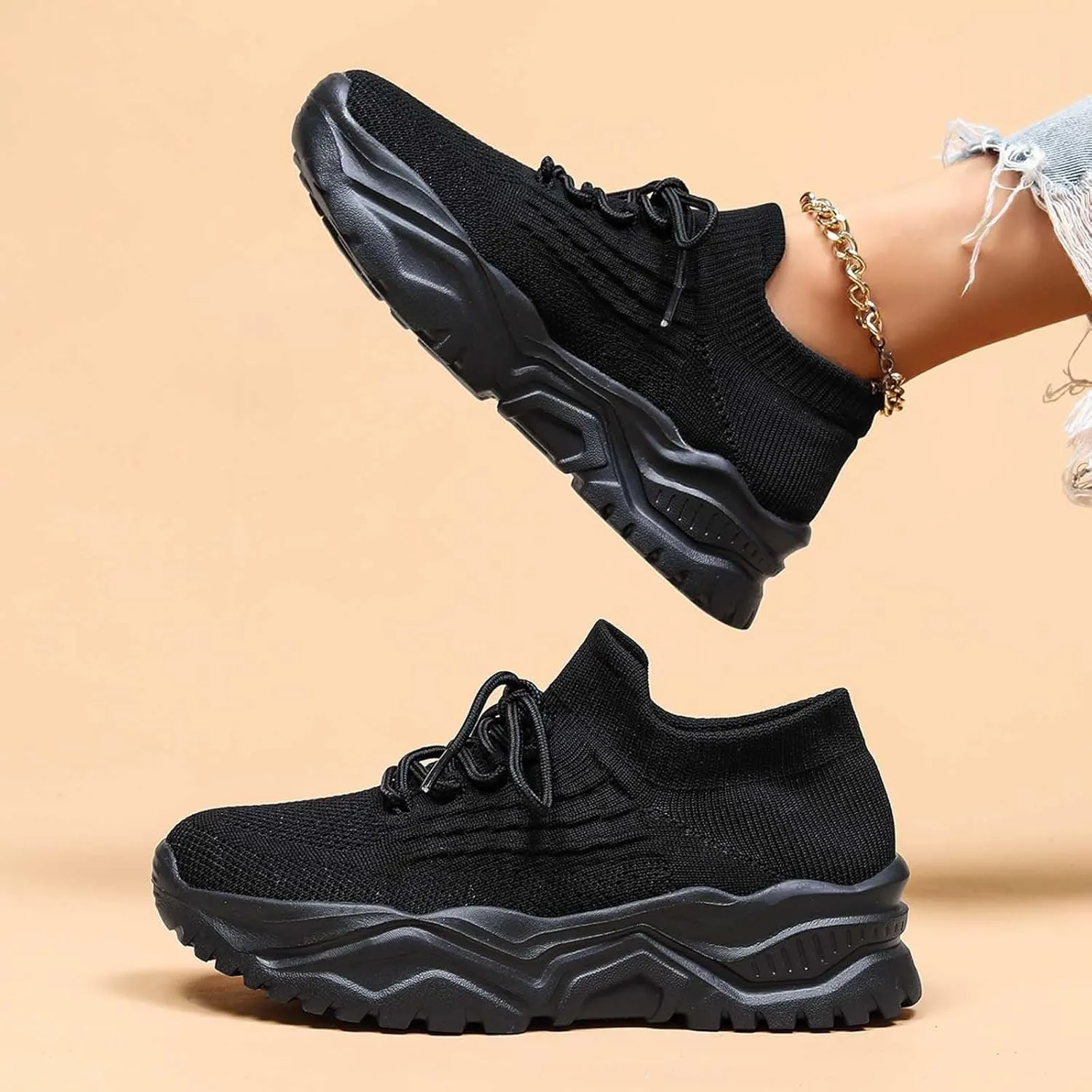 Women's Solid Color Fashion Four Season Lace Up Sneakers Solid Color Flying Woven Running Shoes Women's Water Shoes