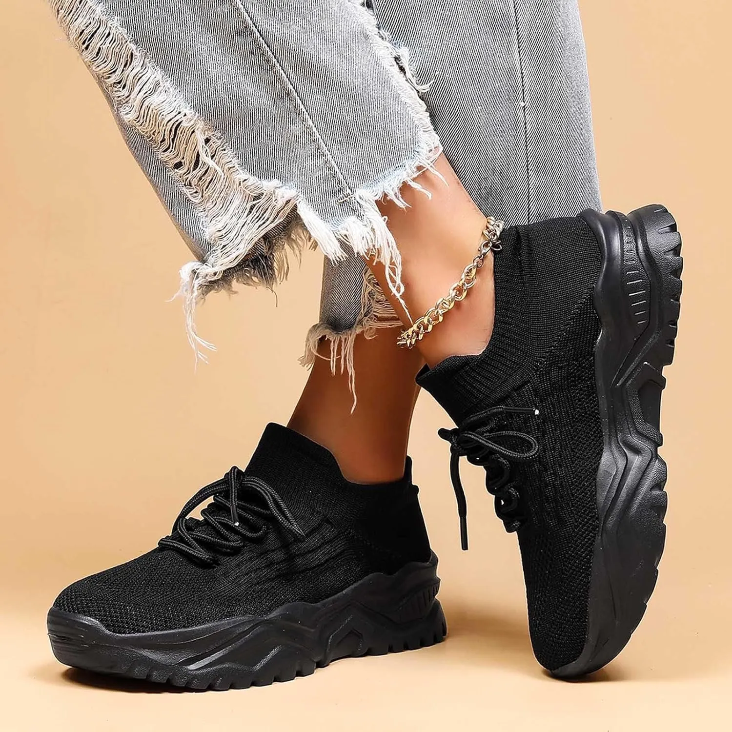 Women's Solid Color Fashion Four Season Lace Up Sneakers Solid Color Flying Woven Running Shoes Women's Water Shoes