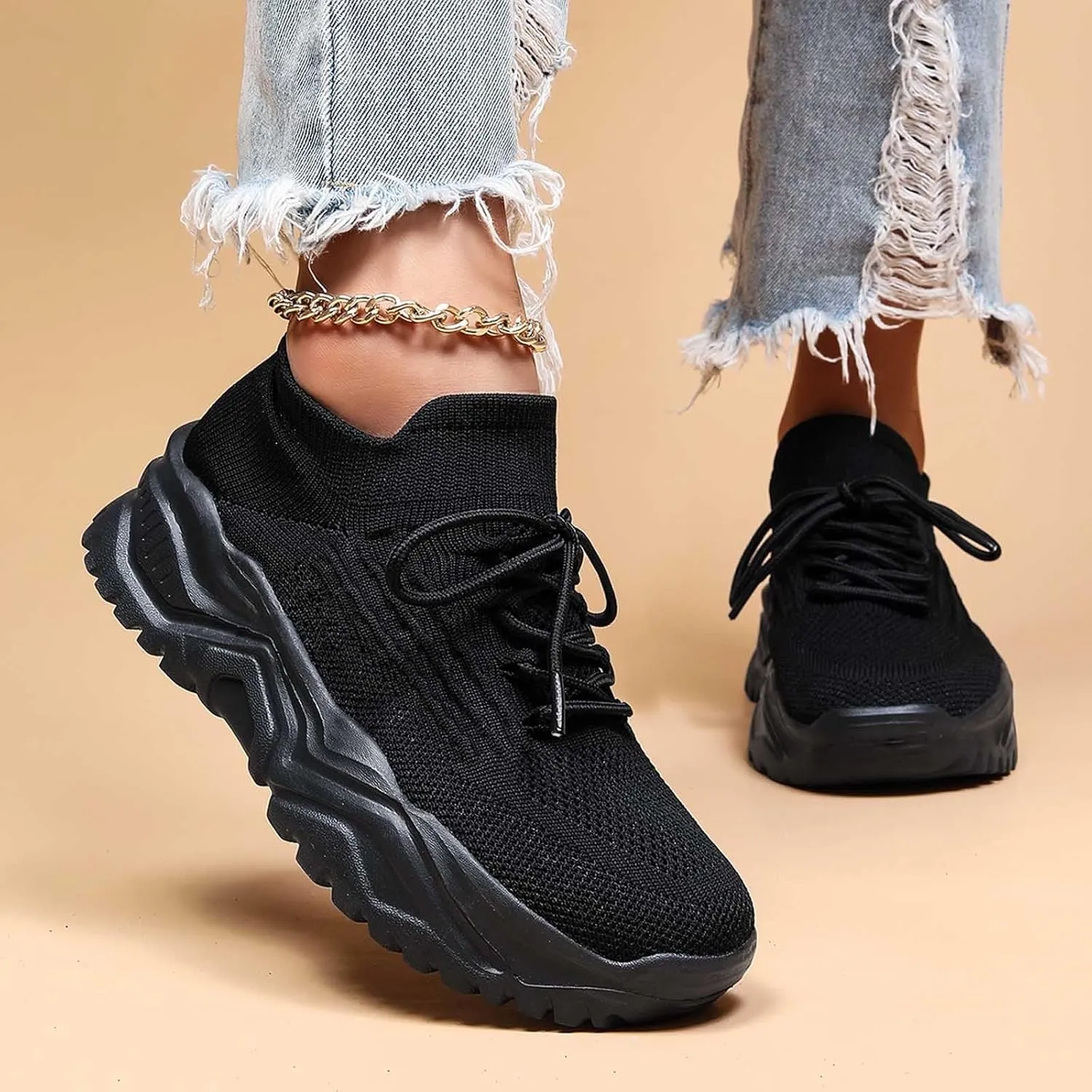 Women's Solid Color Fashion Four Season Lace Up Sneakers Solid Color Flying Woven Running Shoes Women's Water Shoes