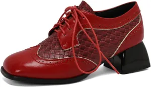 Women's Square Toe Lace Up Chunky High Heel Oxfords Pumps Fashion Patchwork Wingtip Brogues Comfortable Vintage Derby Saddle Shoes