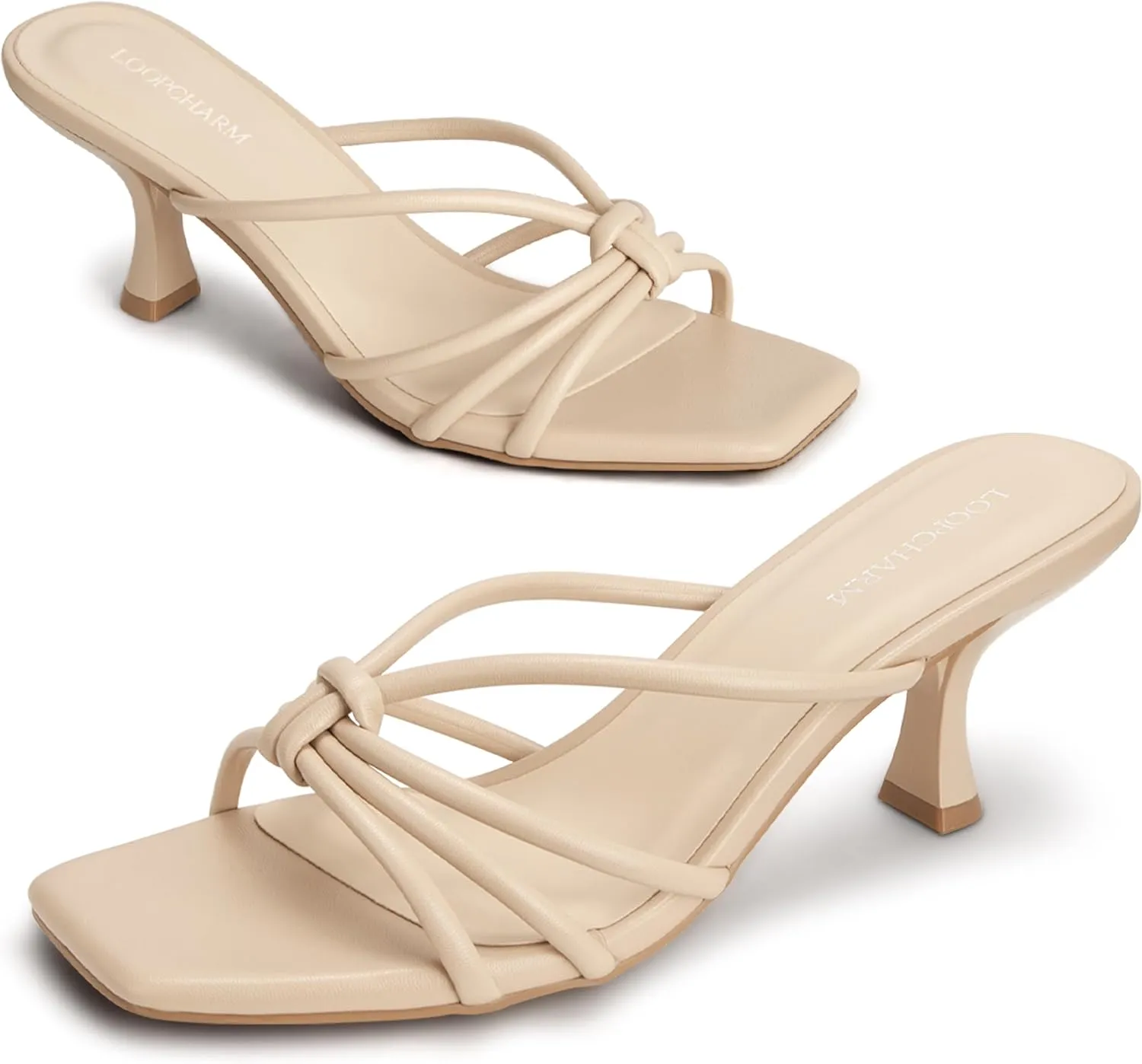 Women's Strappy Square Open Toe Kitten Heels Sandals Knotted Design Summer Fashion Slip On Mule Style