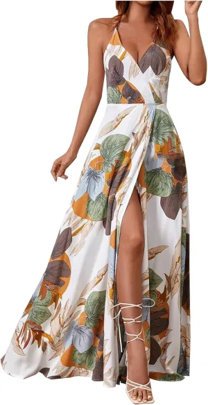 Womens Summer Boho Floral Dress Sleeveless Spaghetti Strap Maxi Dress Evening Party V Neck High Slit Beach Sundress
