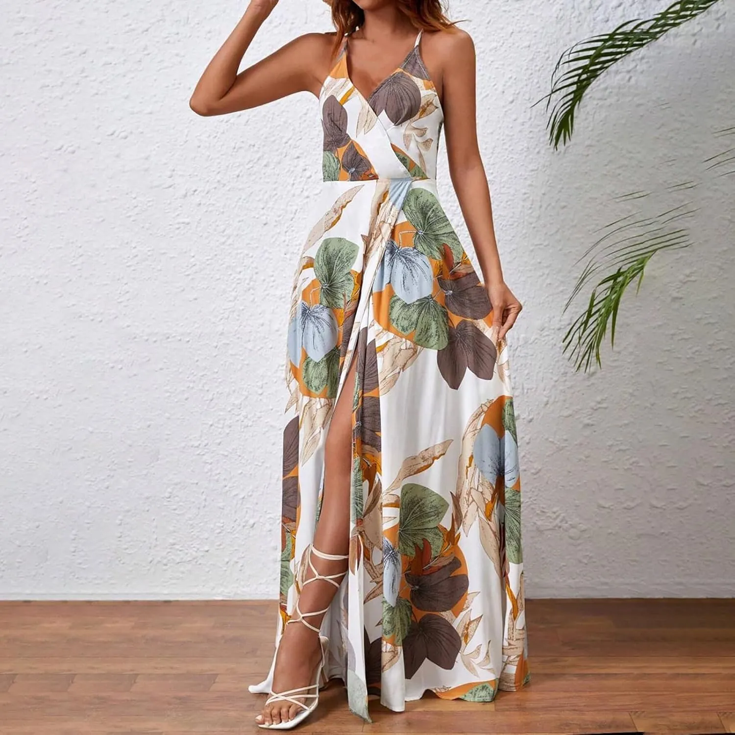 Womens Summer Boho Floral Dress Sleeveless Spaghetti Strap Maxi Dress Evening Party V Neck High Slit Beach Sundress