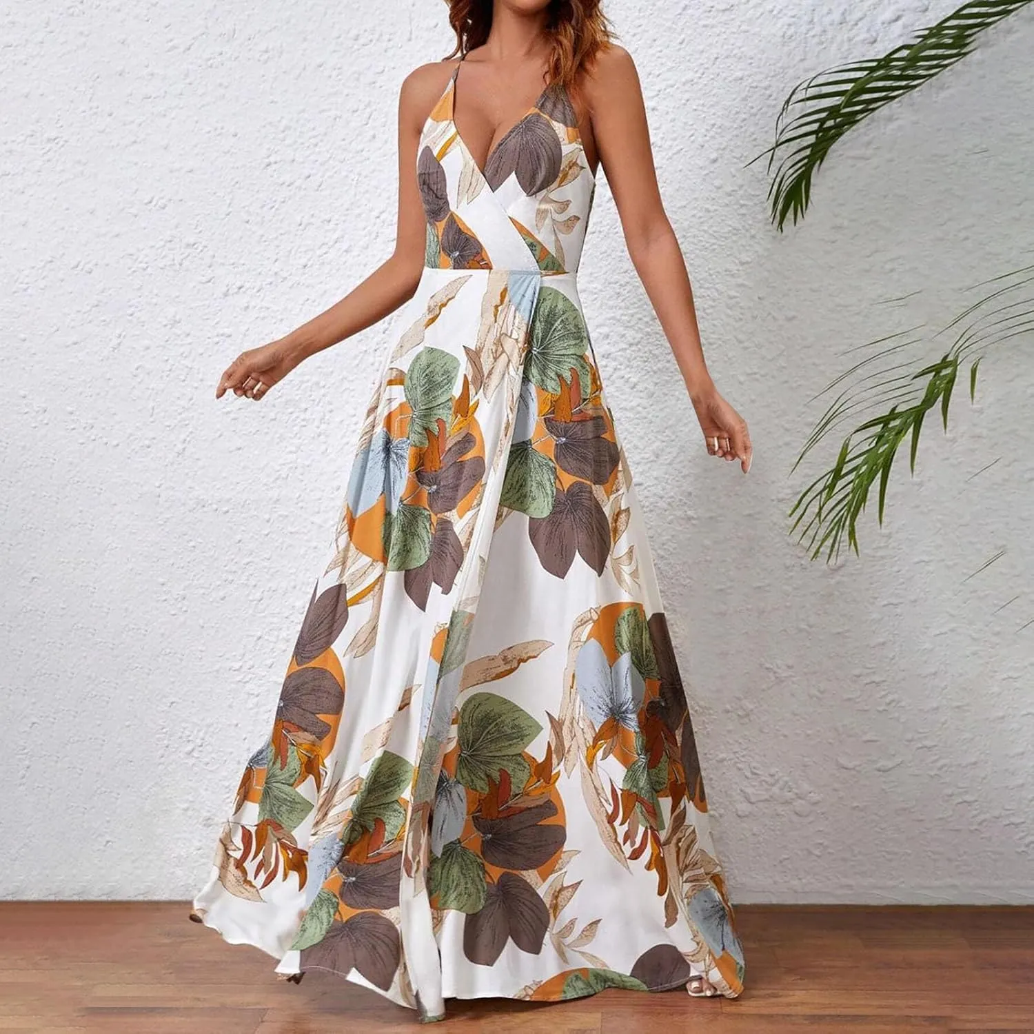 Womens Summer Boho Floral Dress Sleeveless Spaghetti Strap Maxi Dress Evening Party V Neck High Slit Beach Sundress