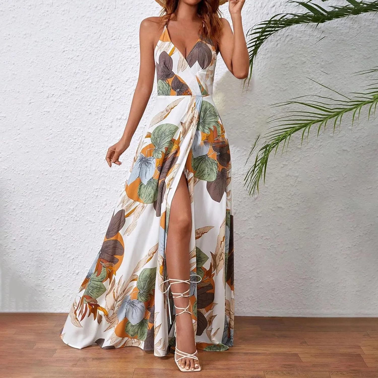 Womens Summer Boho Floral Dress Sleeveless Spaghetti Strap Maxi Dress Evening Party V Neck High Slit Beach Sundress