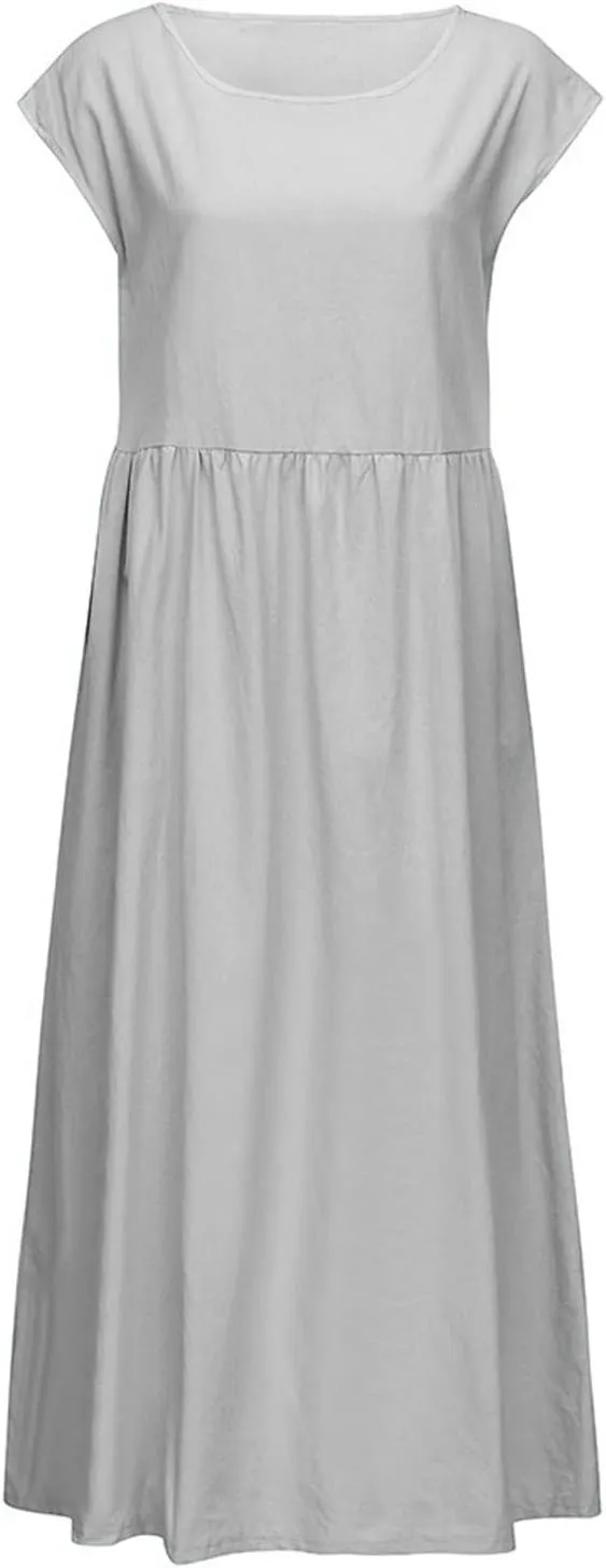 Women's Summer Cotton Linen Shirt Dress Short Sleeve Flowy Long Maxi Dresses Plus Size Vocation Party Dress