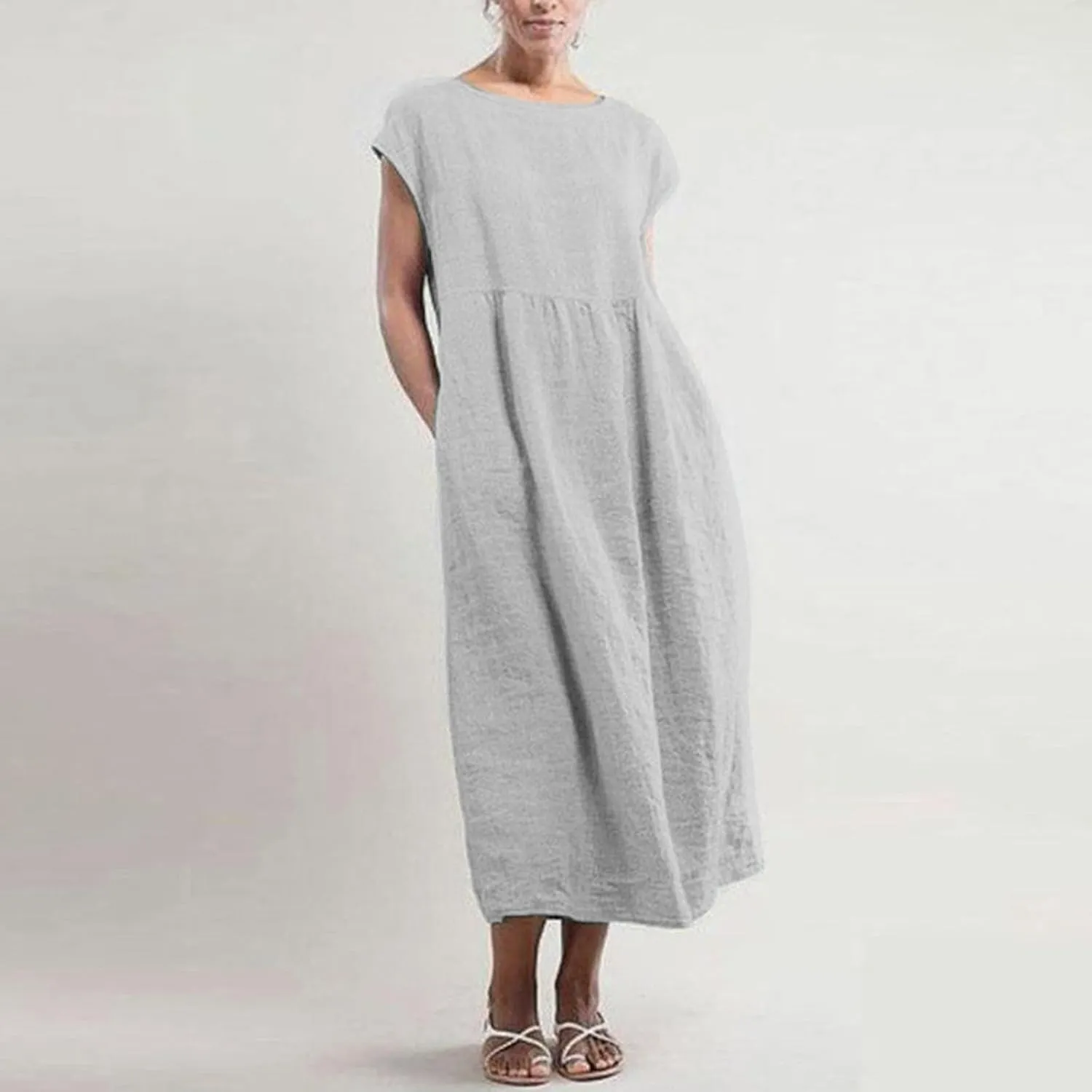 Women's Summer Cotton Linen Shirt Dress Short Sleeve Flowy Long Maxi Dresses Plus Size Vocation Party Dress