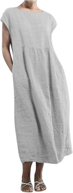 Women's Summer Cotton Linen Shirt Dress Short Sleeve Flowy Long Maxi Dresses Plus Size Vocation Party Dress
