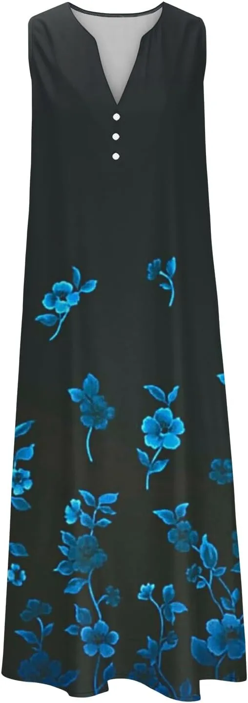 Womens Summer Design Casual Dress Fashion Floral Printed Elegant Dress Sleeveless V-Neck Long Dress with Pockets
