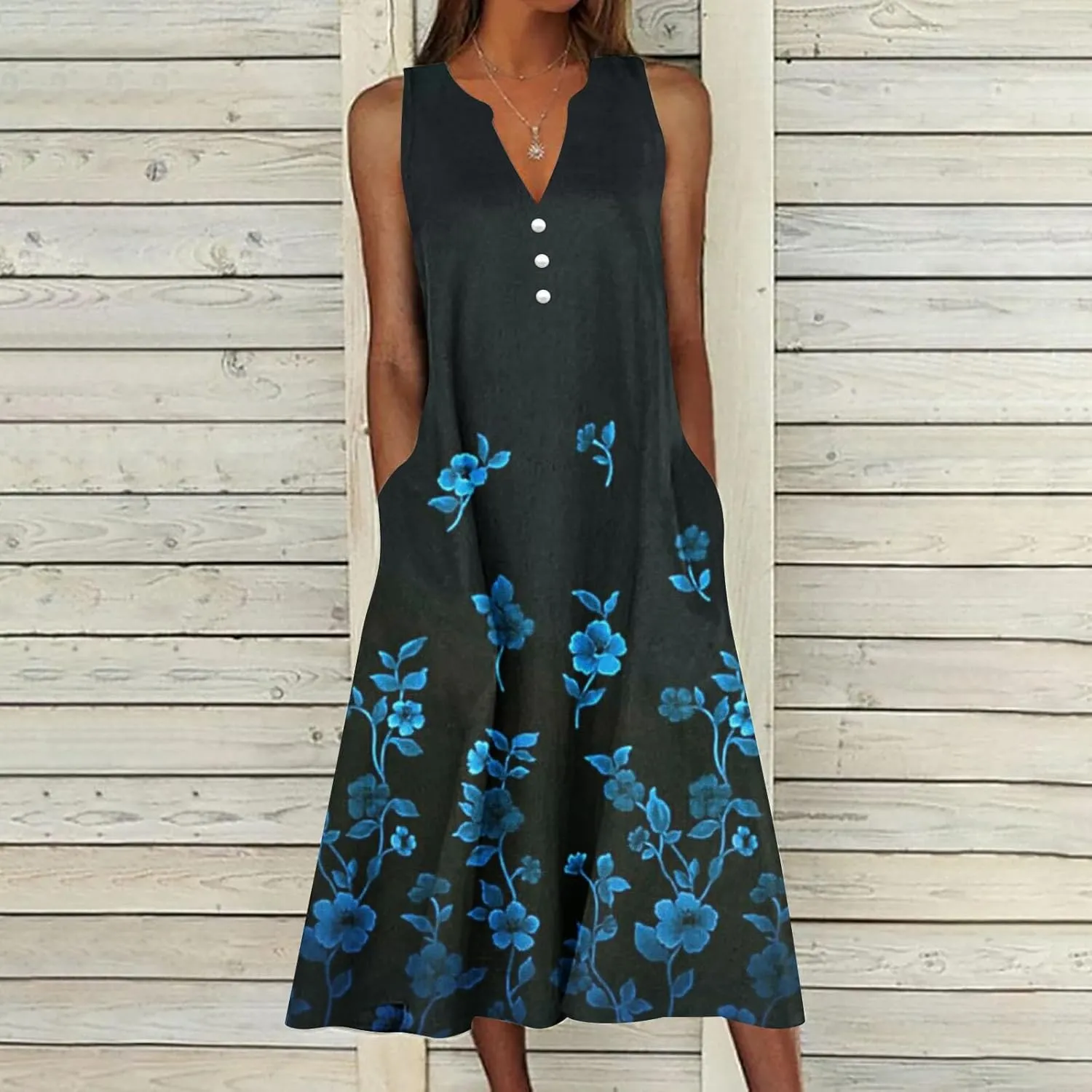 Womens Summer Design Casual Dress Fashion Floral Printed Elegant Dress Sleeveless V-Neck Long Dress with Pockets