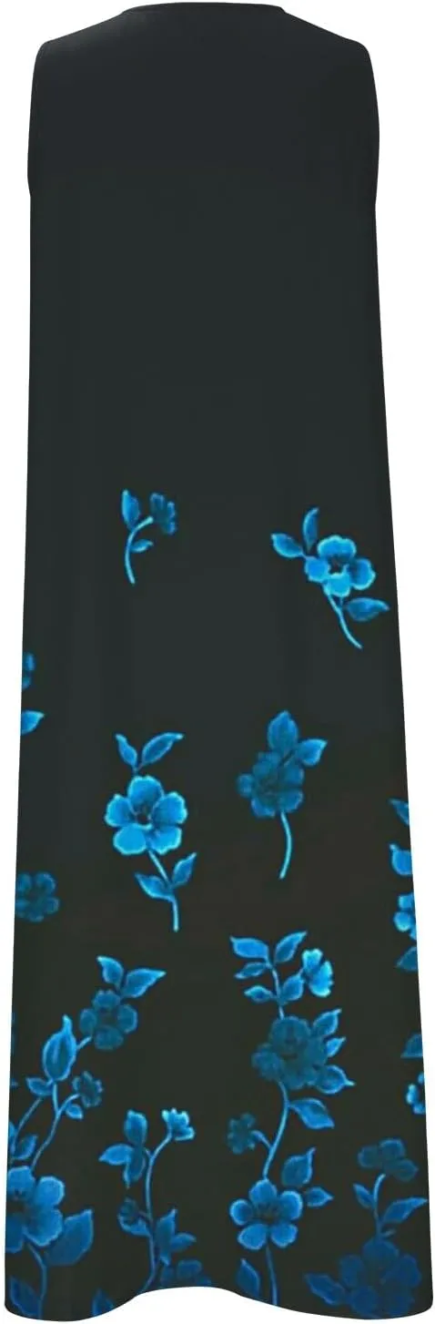 Womens Summer Design Casual Dress Fashion Floral Printed Elegant Dress Sleeveless V-Neck Long Dress with Pockets