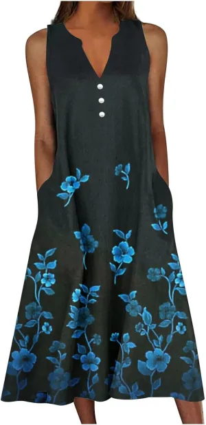Womens Summer Design Casual Dress Fashion Floral Printed Elegant Dress Sleeveless V-Neck Long Dress with Pockets