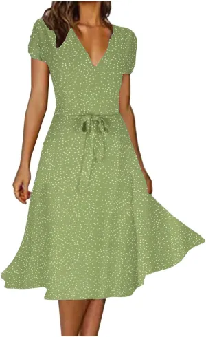Womens Summer Wrap V-Neck Tie Waist Dress Bandage Boho Print Casual Short Sleeve Maxi Dress Vacation Midi Dress