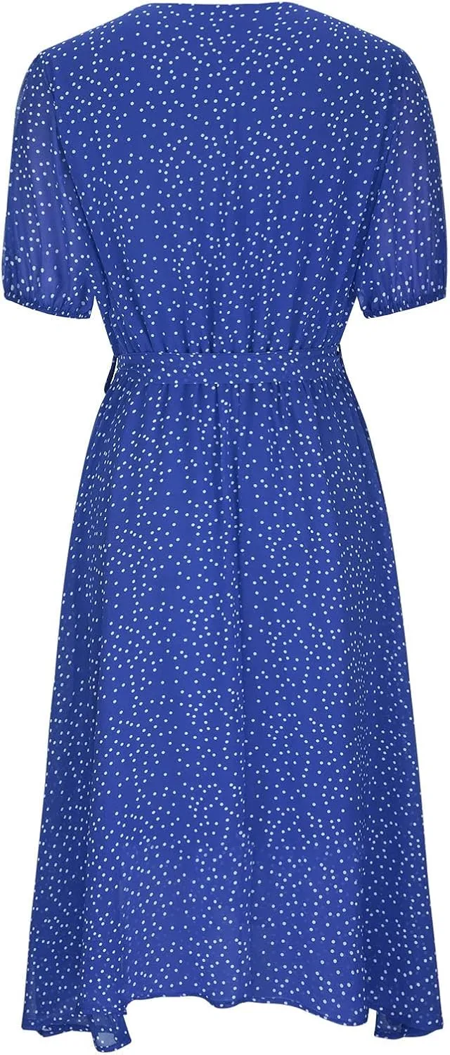 Womens Summer Wrap V-Neck Tie Waist Dress Bandage Boho Print Casual Short Sleeve Maxi Dress Vacation Midi Dress