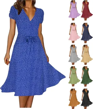 Womens Summer Wrap V-Neck Tie Waist Dress Bandage Boho Print Casual Short Sleeve Maxi Dress Vacation Midi Dress