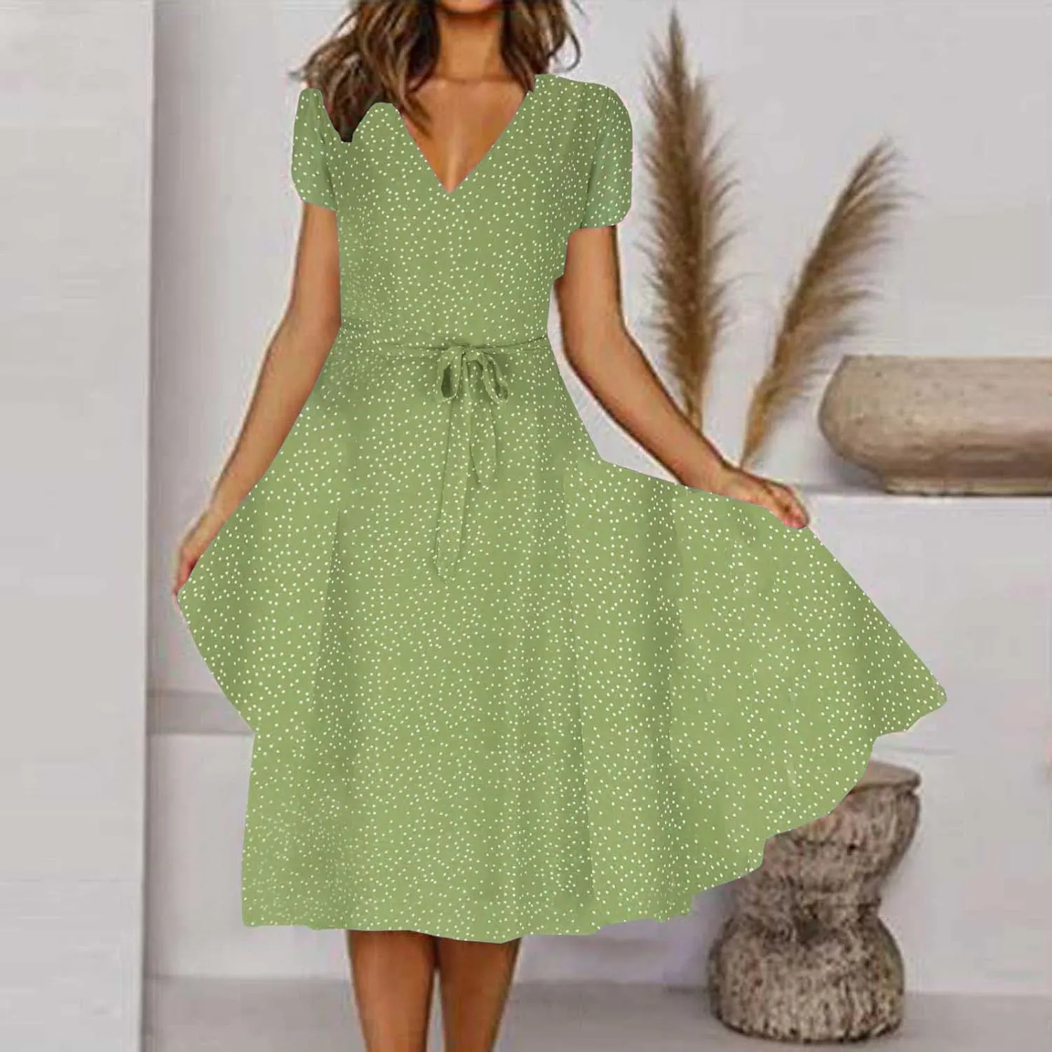 Womens Summer Wrap V-Neck Tie Waist Dress Bandage Boho Print Casual Short Sleeve Maxi Dress Vacation Midi Dress