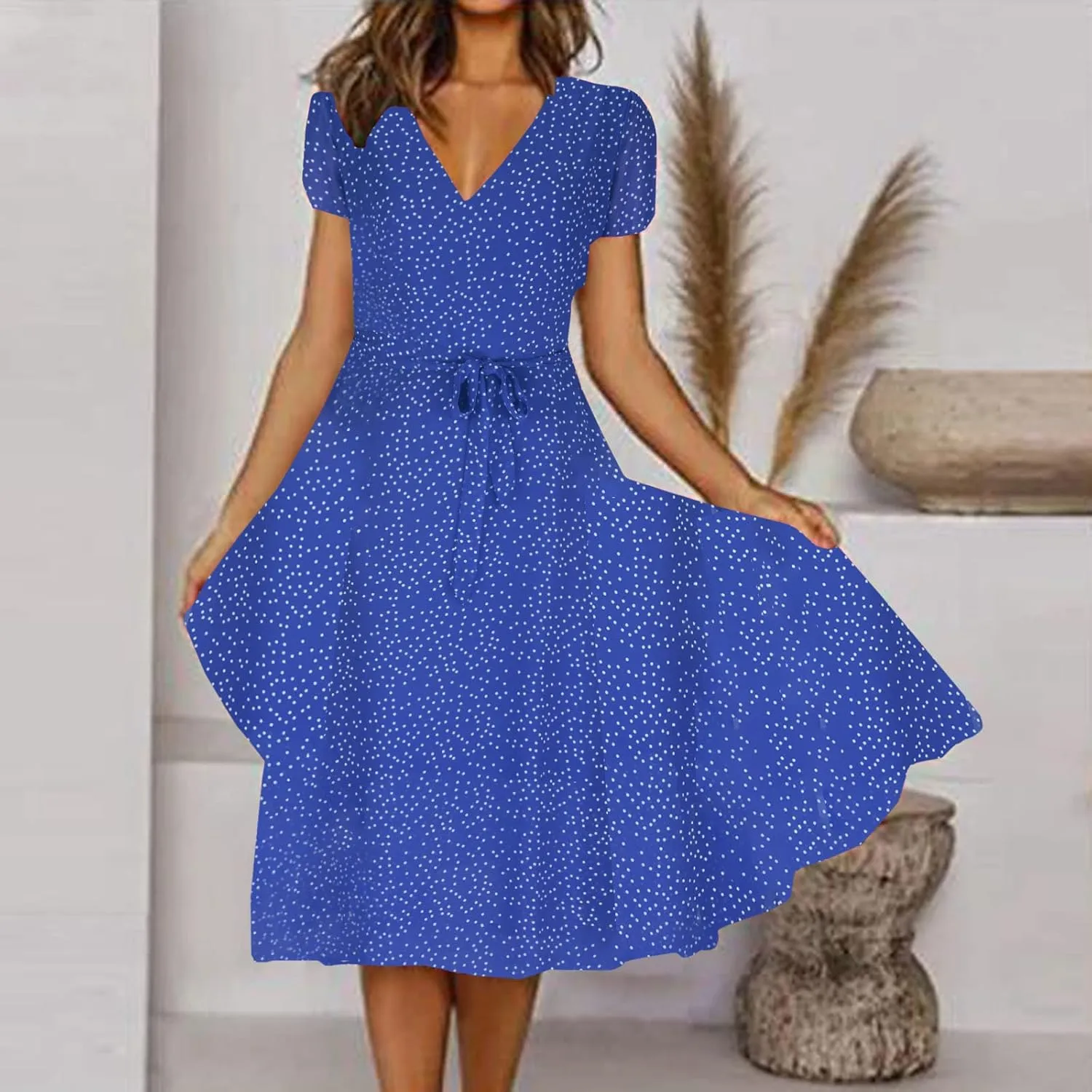 Womens Summer Wrap V-Neck Tie Waist Dress Bandage Boho Print Casual Short Sleeve Maxi Dress Vacation Midi Dress