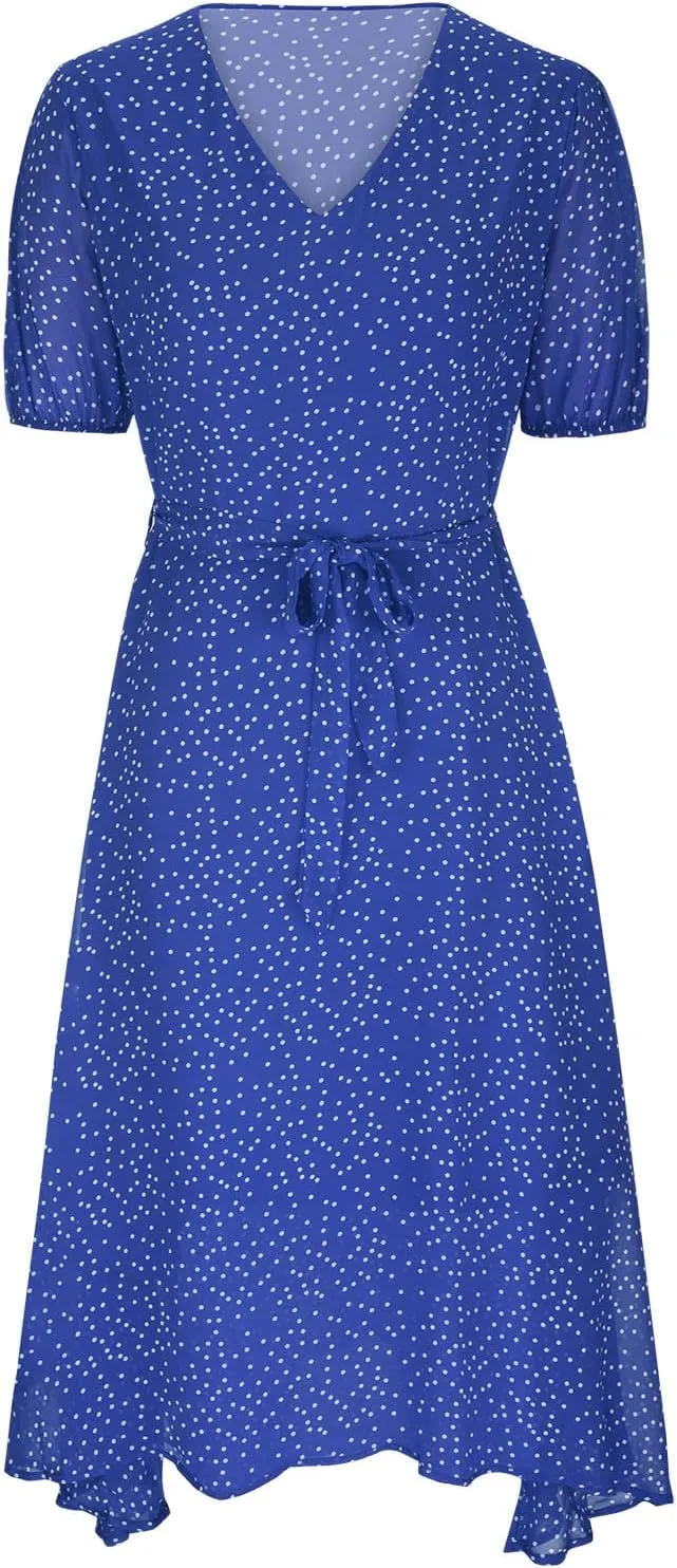 Womens Summer Wrap V-Neck Tie Waist Dress Bandage Boho Print Casual Short Sleeve Maxi Dress Vacation Midi Dress