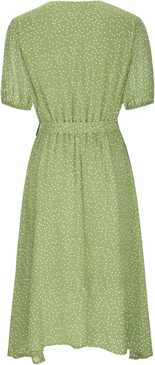 Womens Summer Wrap V-Neck Tie Waist Dress Bandage Boho Print Casual Short Sleeve Maxi Dress Vacation Midi Dress