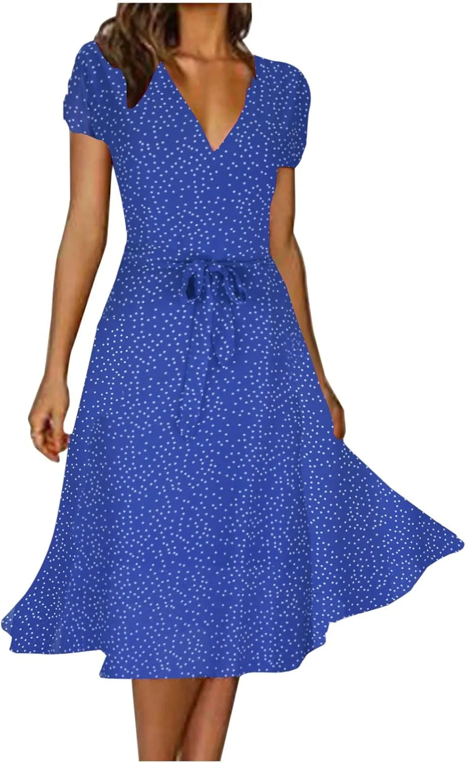 Womens Summer Wrap V-Neck Tie Waist Dress Bandage Boho Print Casual Short Sleeve Maxi Dress Vacation Midi Dress