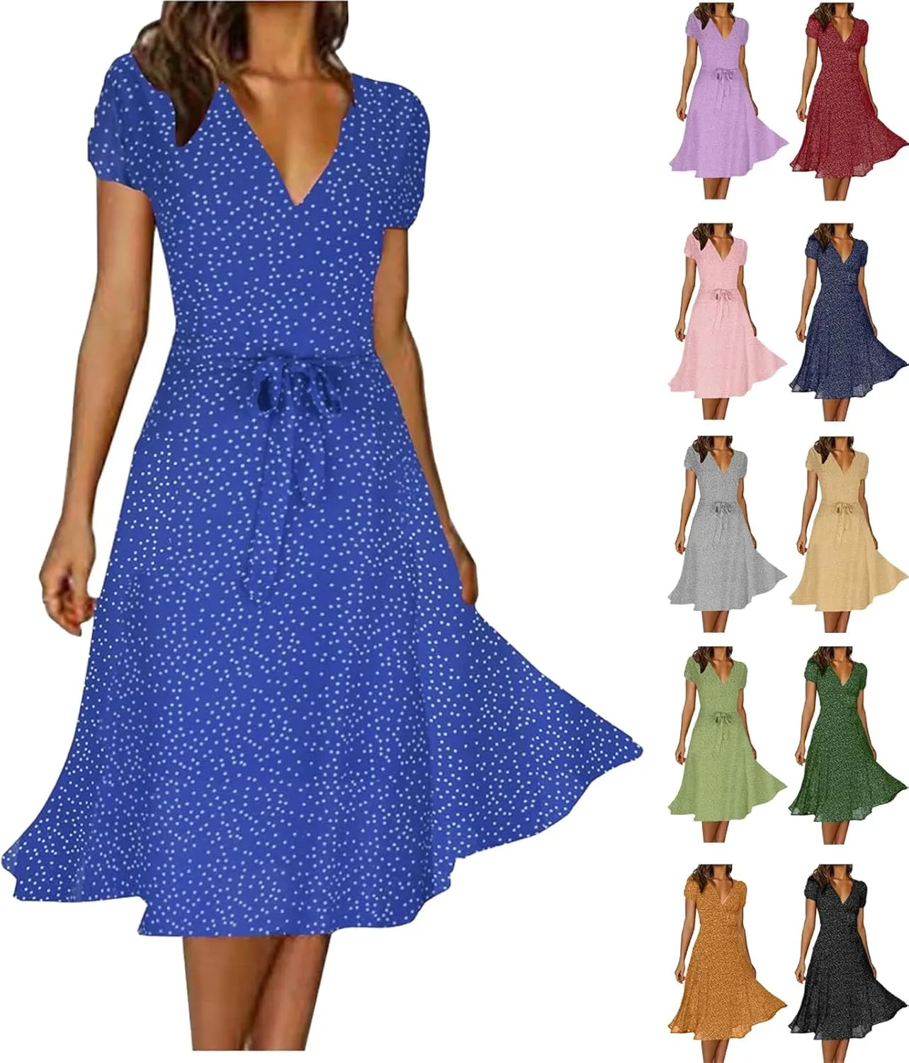 Womens Summer Wrap V-Neck Tie Waist Dress Bandage Boho Print Casual Short Sleeve Maxi Dress Vacation Midi Dress