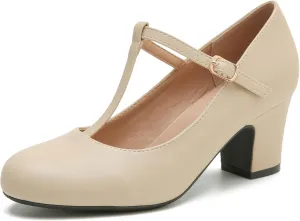 Women's T-Strap Mary Jane Pumps Closed Toe Low Block Chunky Heels Ankle Strap Wedding Business Dressy Evening Party Shoes