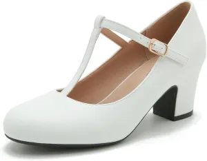 Women's T-Strap Mary Jane Pumps Closed Toe Low Block Chunky Heels Ankle Strap Wedding Business Dressy Evening Party Shoes