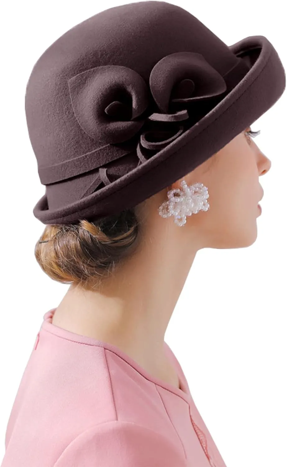 Women's Vintage 100% Wool Felt Cloche Bucket Bowler Hat Winter Vintage Bow Fedoras Church Derby Fascinator Hat