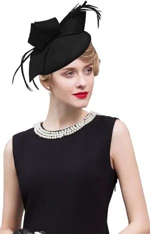 Women's Vintage 100% Wool Felt Cloche Bucket Bowler Hat Winter Vintage Bow Fedoras Church Fascinator