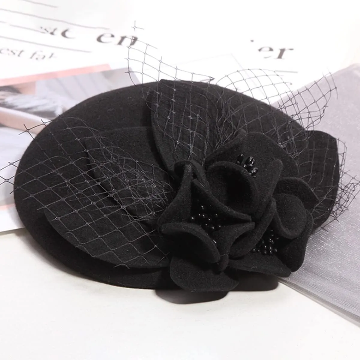 Wool Fascinator Pillbox Hat Winter British Wool Felt Hat for Women Wedding Church Hat Flower Fedoras