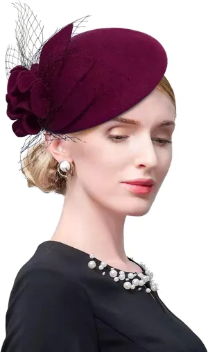 Wool Fascinator Pillbox Hat Winter British Wool Felt Hat for Women Wedding Church Hat Flower Fedoras