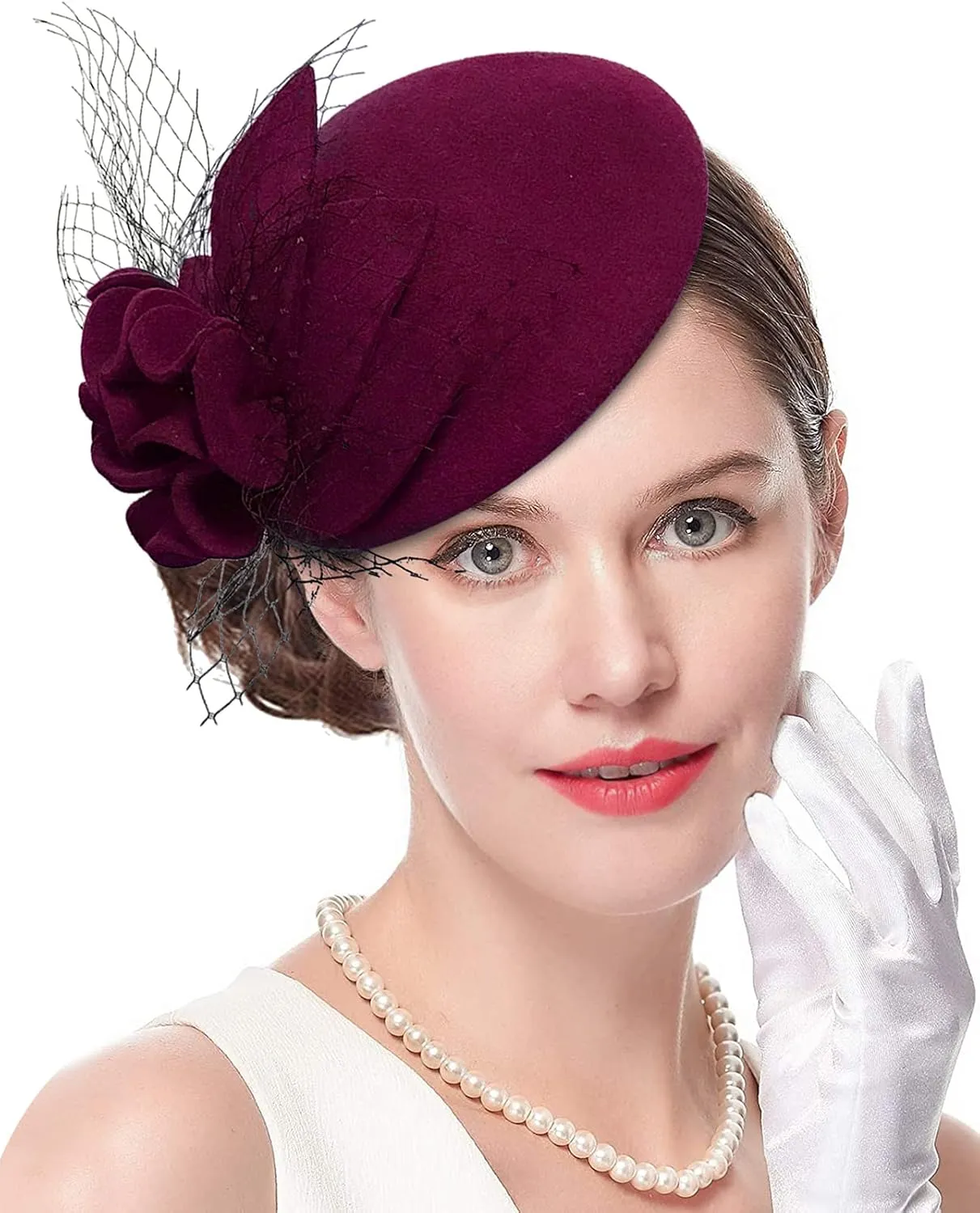 Wool Fascinator Pillbox Hat Winter British Wool Felt Hat for Women Wedding Church Hat Flower Fedoras