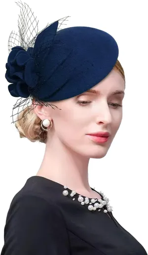 Wool Fascinator Pillbox Hat Winter British Wool Felt Hat for Women Wedding Church Hat Flower Fedoras
