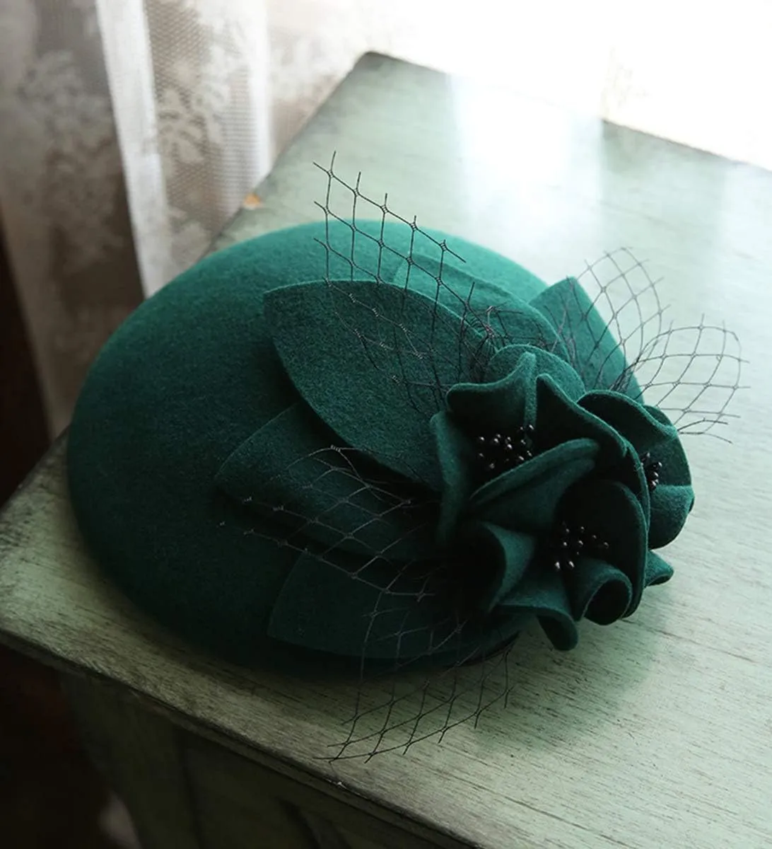 Wool Fascinator Pillbox Hat Winter British Wool Felt Hat for Women Wedding Church Hat Flower Fedoras