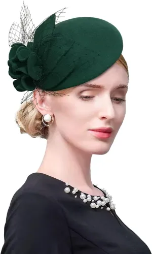 Wool Fascinator Pillbox Hat Winter British Wool Felt Hat for Women Wedding Church Hat Flower Fedoras