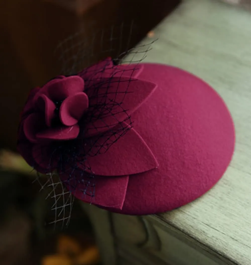 Wool Fascinator Pillbox Hat Winter British Wool Felt Hat for Women Wedding Church Hat Flower Fedoras