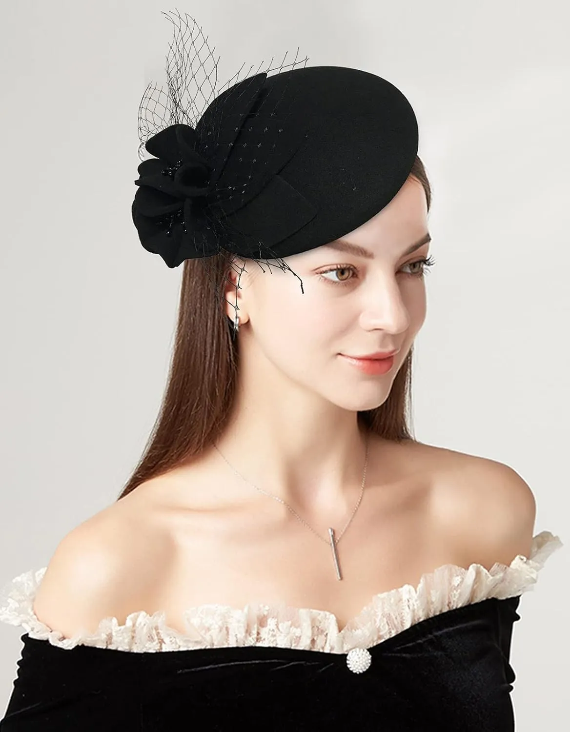 Wool Fascinator Pillbox Hat Winter British Wool Felt Hat for Women Wedding Church Hat Flower Fedoras
