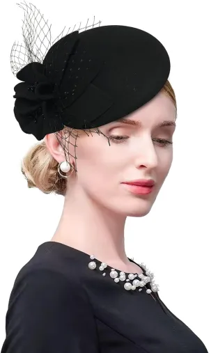 Wool Fascinator Pillbox Hat Winter British Wool Felt Hat for Women Wedding Church Hat Flower Fedoras