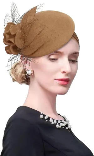 Wool Fascinator Pillbox Hat Winter British Wool Felt Hat for Women Wedding Church Hat Flower Fedoras