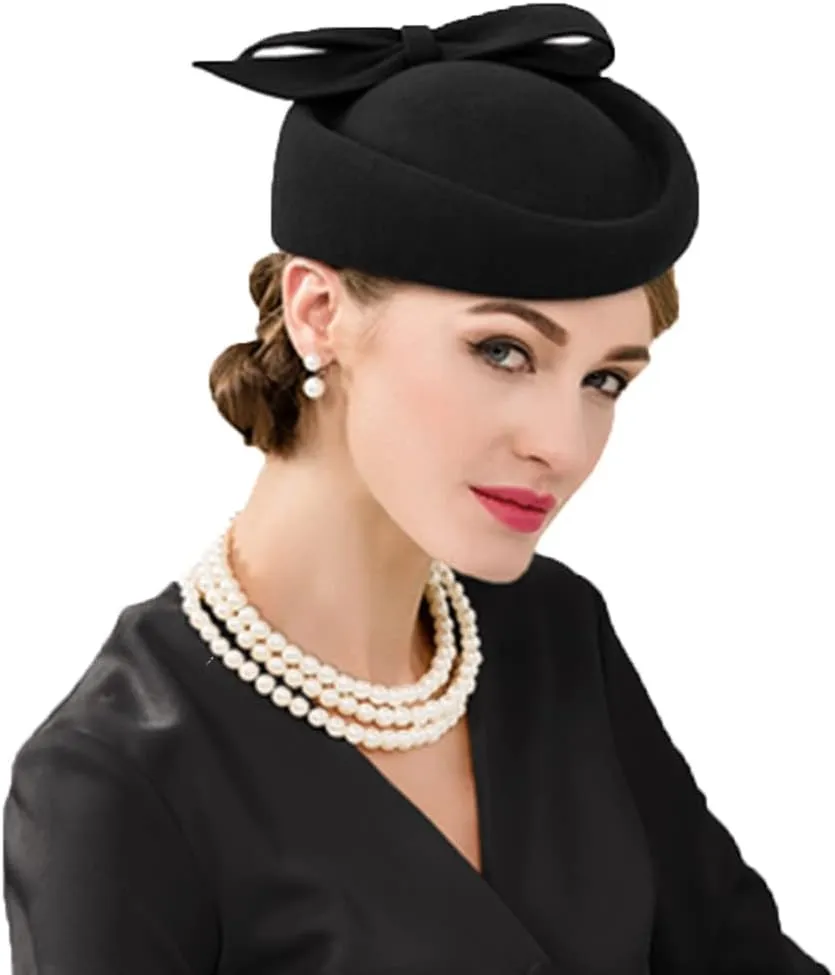 Wool Felt Vintage Fascinator Winter Women Elegant Pillbox Hat Bowknot Derby Church Hat Retro Fedoras Black