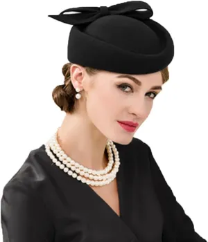 Wool Felt Vintage Fascinator Winter Women Elegant Pillbox Hat Bowknot Derby Church Hat Retro Fedoras Black