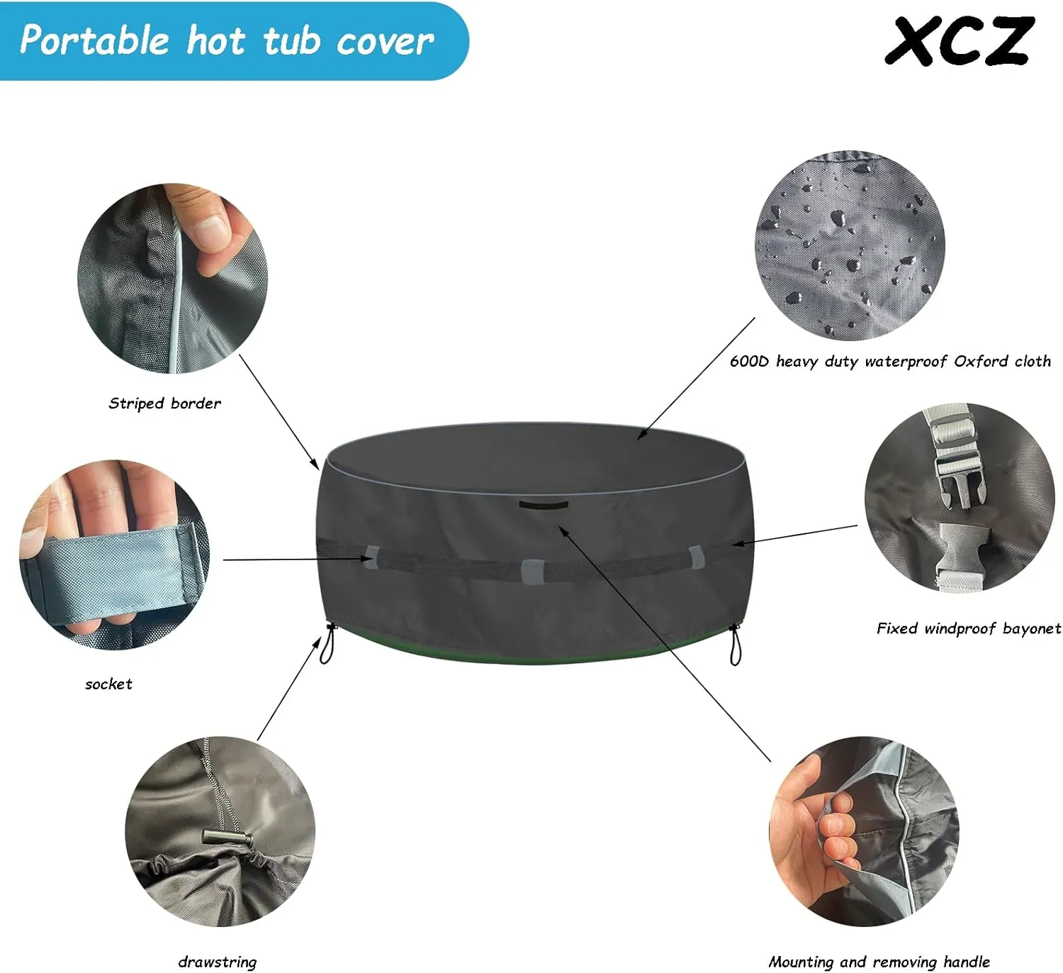 XCZ Portable Hot Tub Cover, Inflatable Hot Tub Full Coverage - Waterproof, Sunproof, Dustproof, Fits Most 4 Person/77 Inch Inflatable Hot Tub Spa, Round (Black， Cover Only)