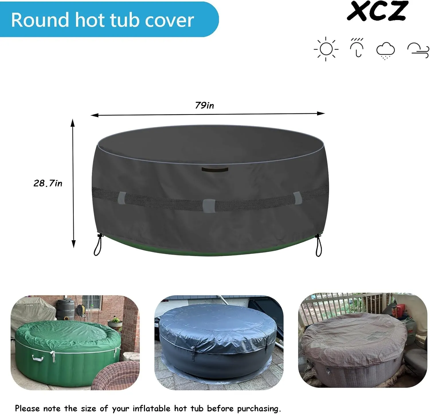 XCZ Portable Hot Tub Cover, Inflatable Hot Tub Full Coverage - Waterproof, Sunproof, Dustproof, Fits Most 4 Person/77 Inch Inflatable Hot Tub Spa, Round (Black， Cover Only)