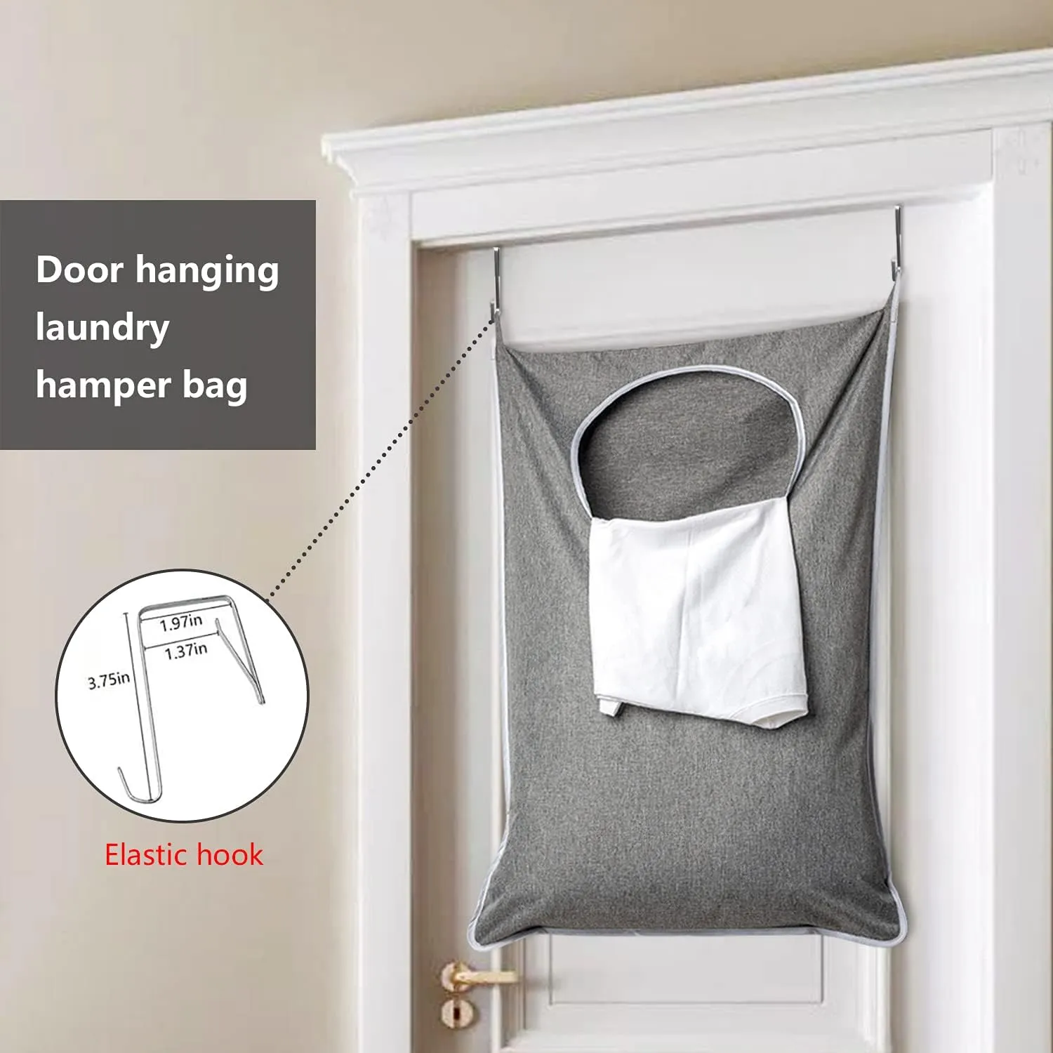 XL Hanging Laundry Hamper, Extra Large Tear-resistance Door Hamper with 2 Types Hooks for Dirty Clothes, Save Bathroom Space Hanging Laundry Bag (36.5x 22 Inch,Grey)
