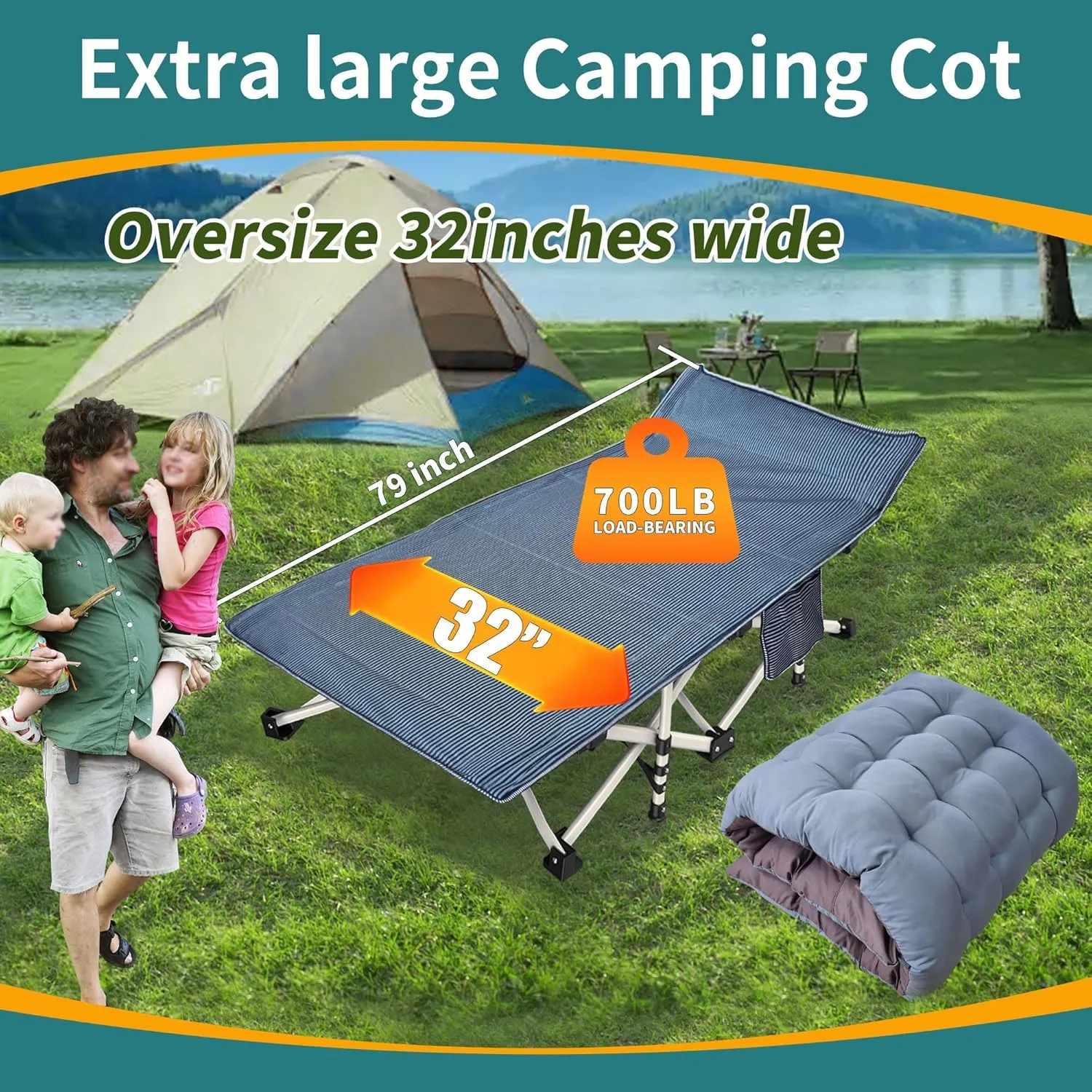XXL Oversized Camping Cot 79" L x 32" W x 18" H with Comfortable Mattress - Heavy Duty Folding Bed for Adults, Extra Wide Sleep Solution for Home, Office, Outdoor, Indoor - Includes Carry Bag