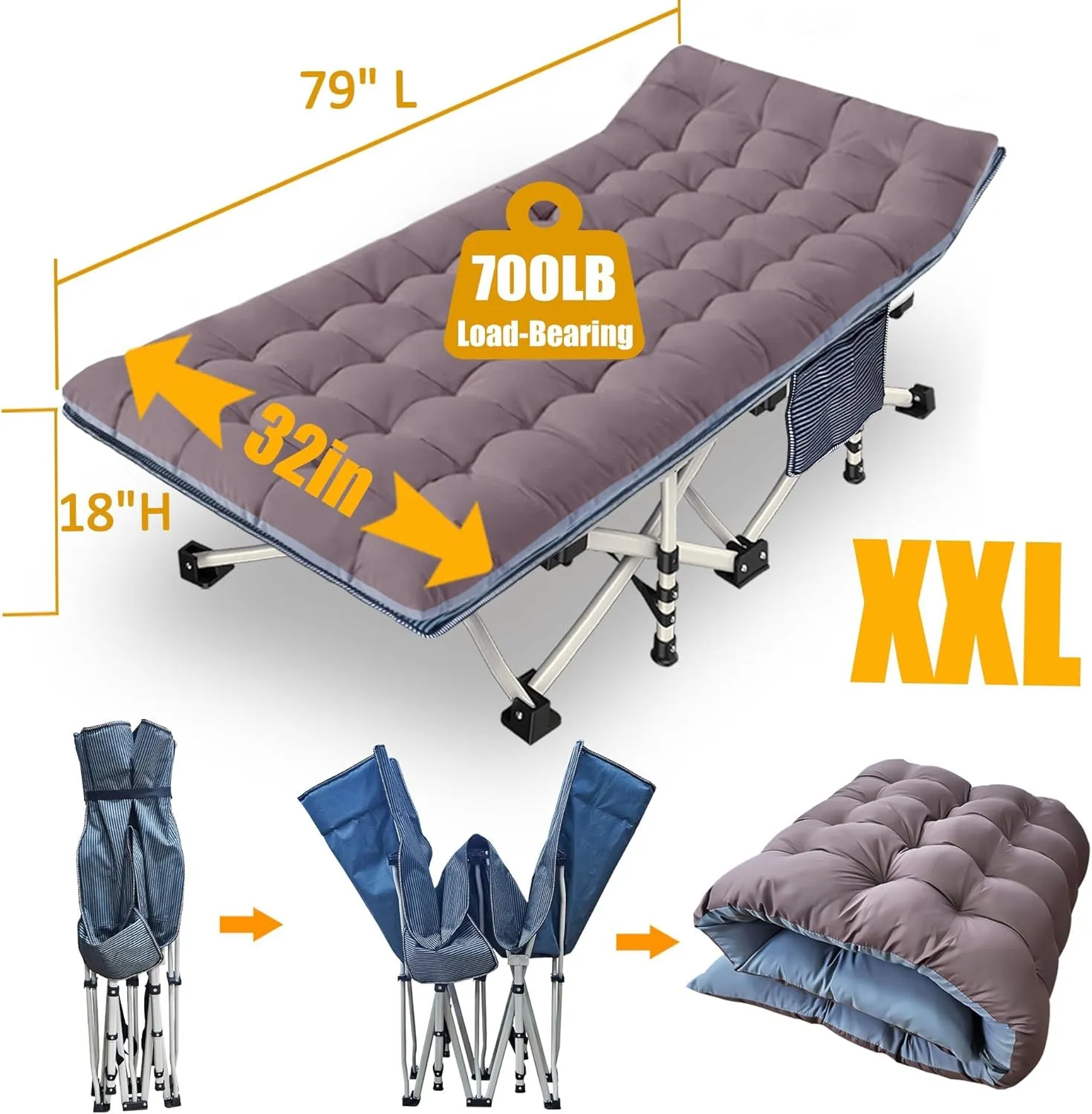 XXL Oversized Camping Cot 79" L x 32" W x 18" H with Comfortable Mattress - Heavy Duty Folding Bed for Adults, Extra Wide Sleep Solution for Home, Office, Outdoor, Indoor - Includes Carry Bag