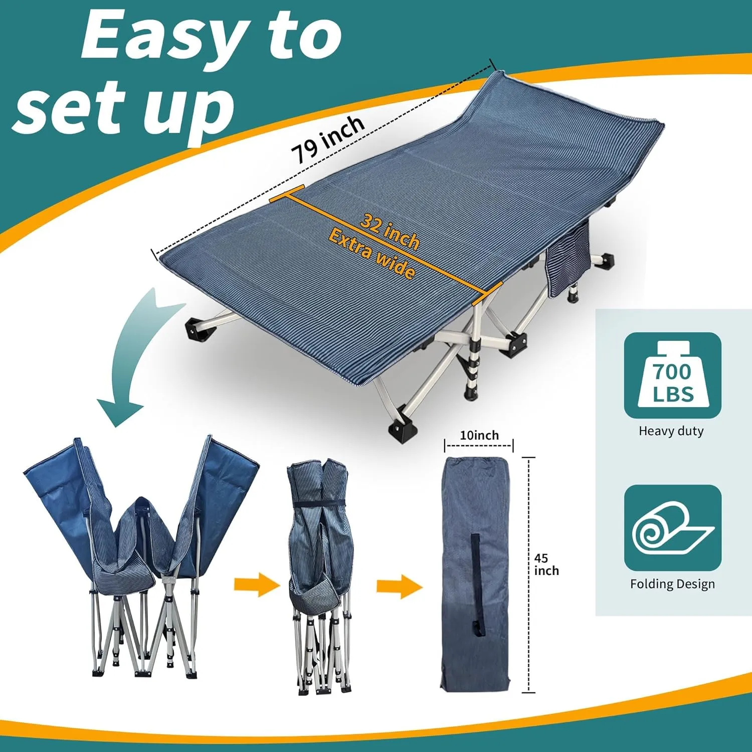 XXL Oversized Camping Cot 79" L x 32" W x 18" H with Comfortable Mattress - Heavy Duty Folding Bed for Adults, Extra Wide Sleep Solution for Home, Office, Outdoor, Indoor - Includes Carry Bag