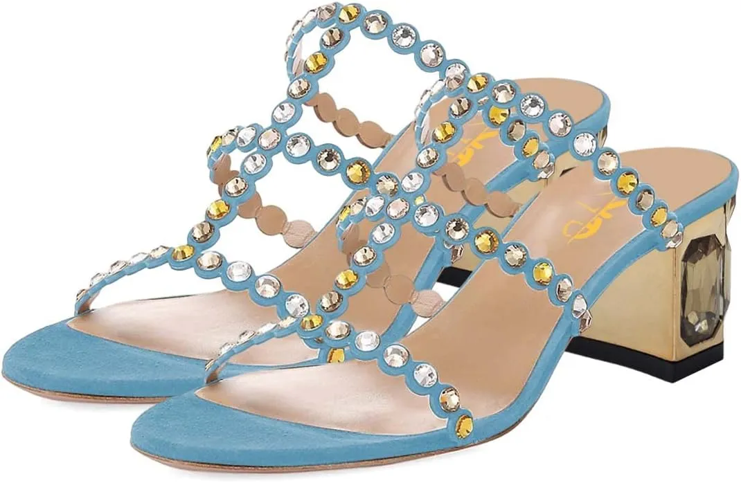 XYD Women Rhinestones T-Strap Mule Sandals Open Toe Slip On Mid Low Chunky Crystal Heel Slide Slippers Party Event Dress Shoes