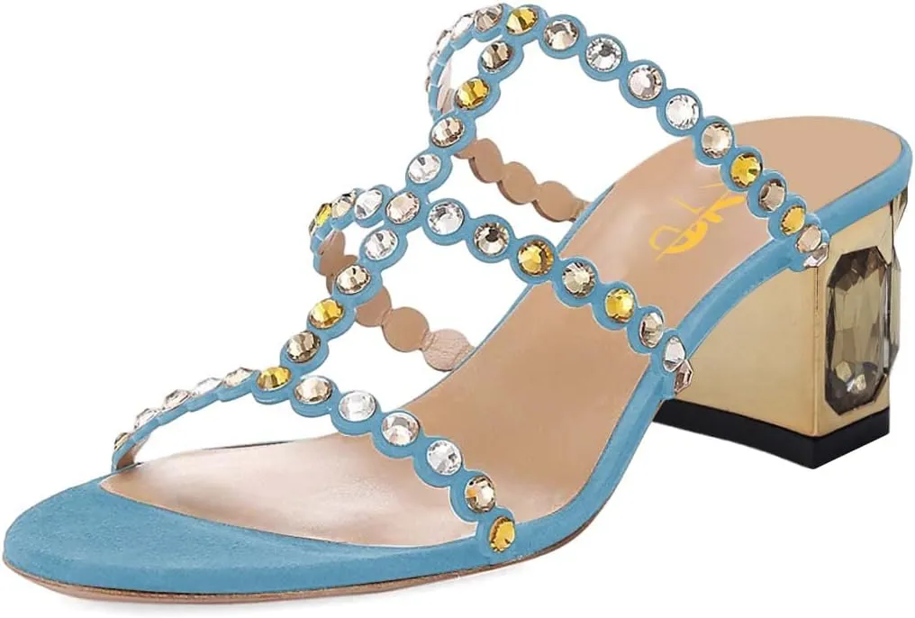 XYD Women Rhinestones T-Strap Mule Sandals Open Toe Slip On Mid Low Chunky Crystal Heel Slide Slippers Party Event Dress Shoes